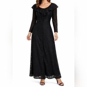 All That Jazz~VTG 80s~Black Lace~Button Maxi Dress~Whimsygoth~Ruffled Collar~7/8
